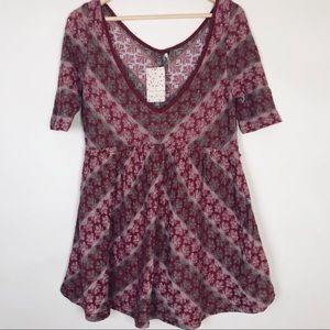 Free People V-neck Shirt Boho Patterned Maroon NWT